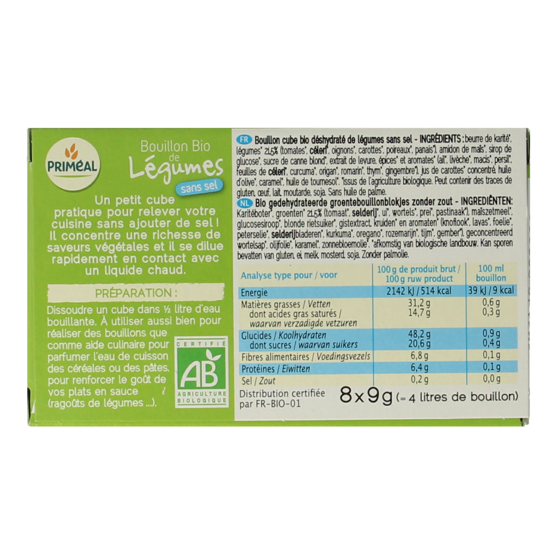 Primeal Groentebouillon blokjes zonder zout 9 gram bio - Afbeelding 2