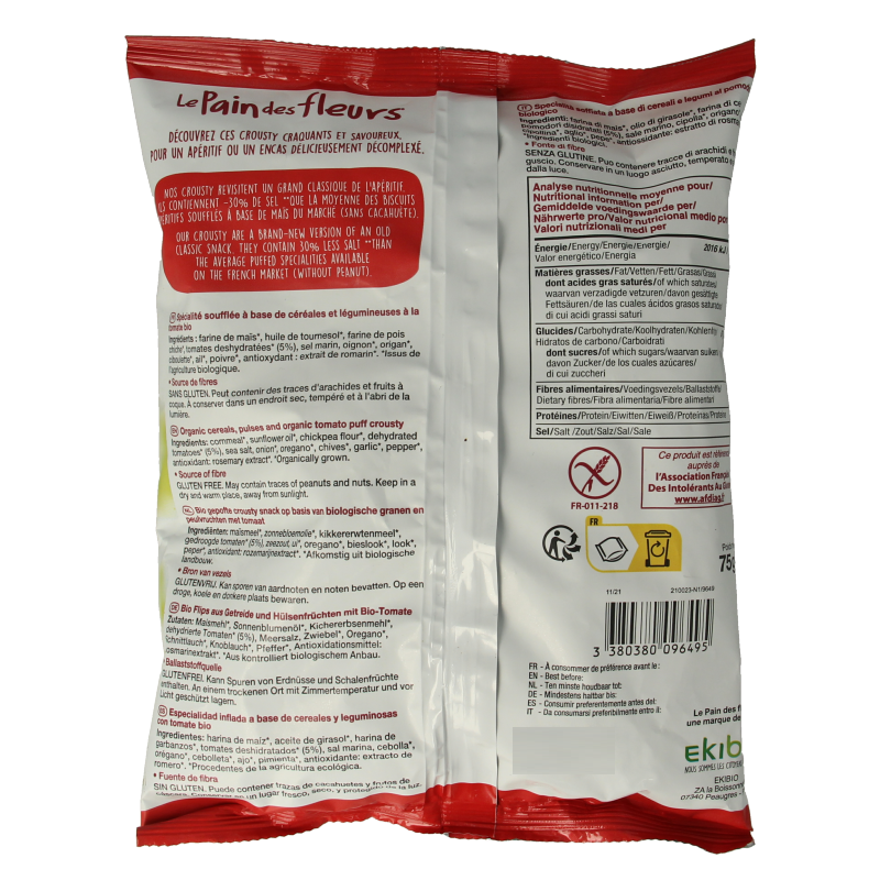 Pain Des Fleurs Chips gepoft tomaat basilicum glutenvrij bio vegan - Afbeelding 2