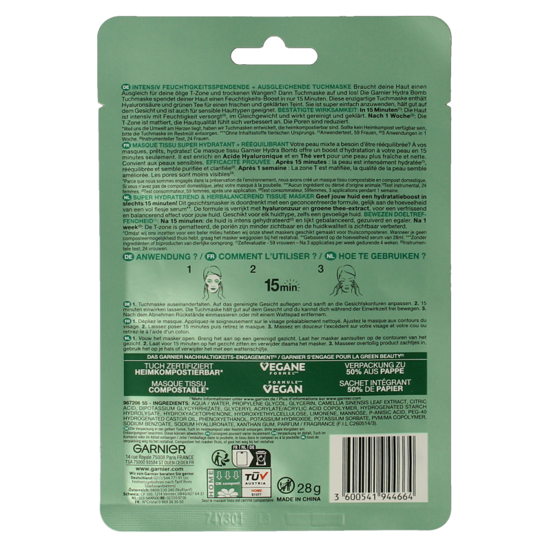 Garnier SkinActive tissuemasker hydra bomb groene thee - Afbeelding 2
