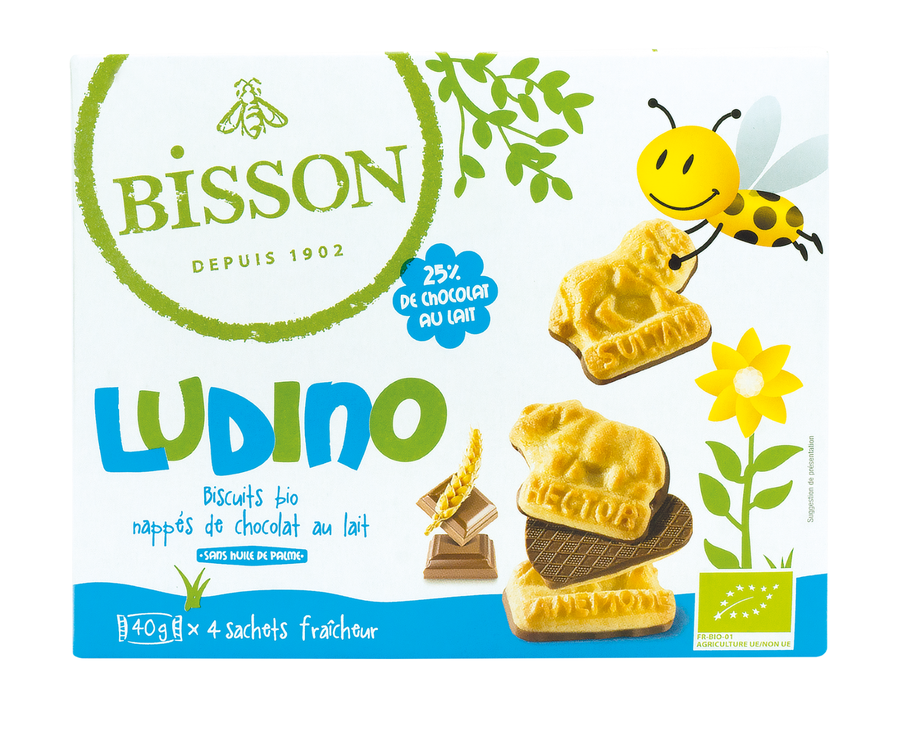 Bisson Ludino koekjes met melkchocolade 4 zakjes bio