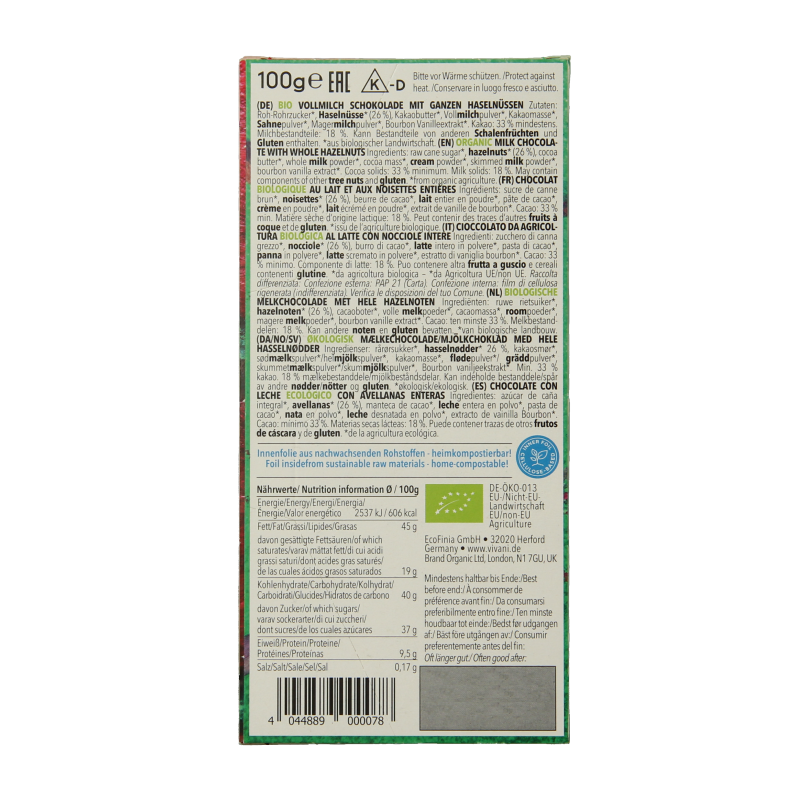 Vivani Chocolade melk met hele hazelnoten bio - Afbeelding 2