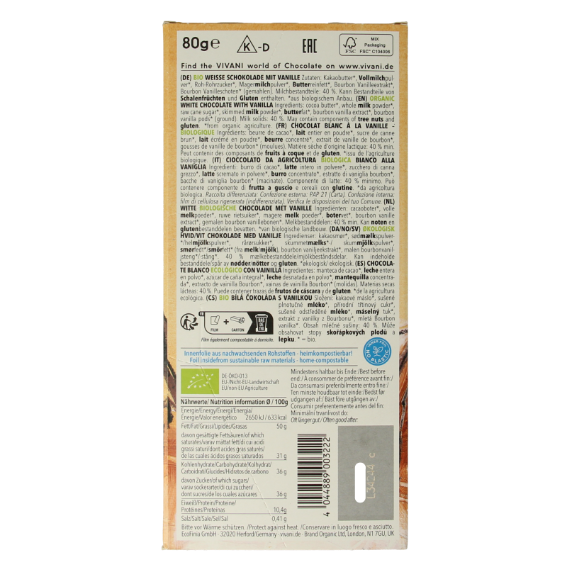 Vivani Chocolade wit vanille bio - Afbeelding 2