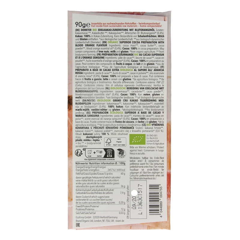 Vivani Chocolade Demeter puur 100% bloedsinaasappel bio - Afbeelding 2