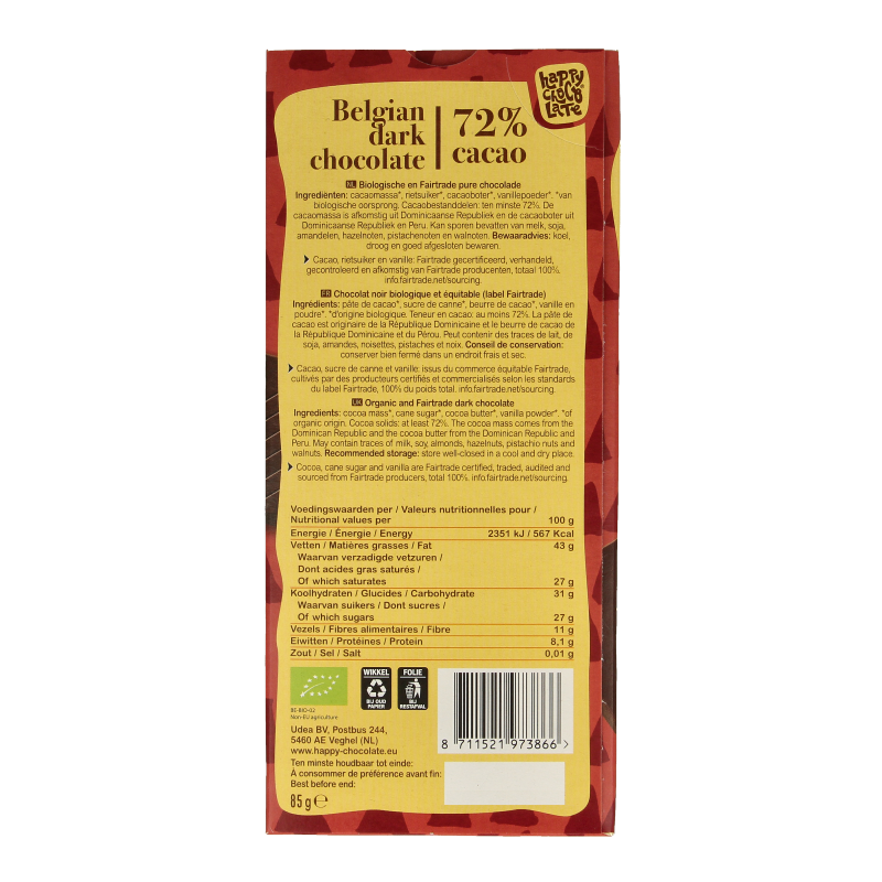 Happy Chocolate Puur 72% bio - Afbeelding 2