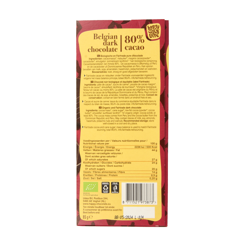 Happy Chocolate Puur 80% bio - Afbeelding 2
