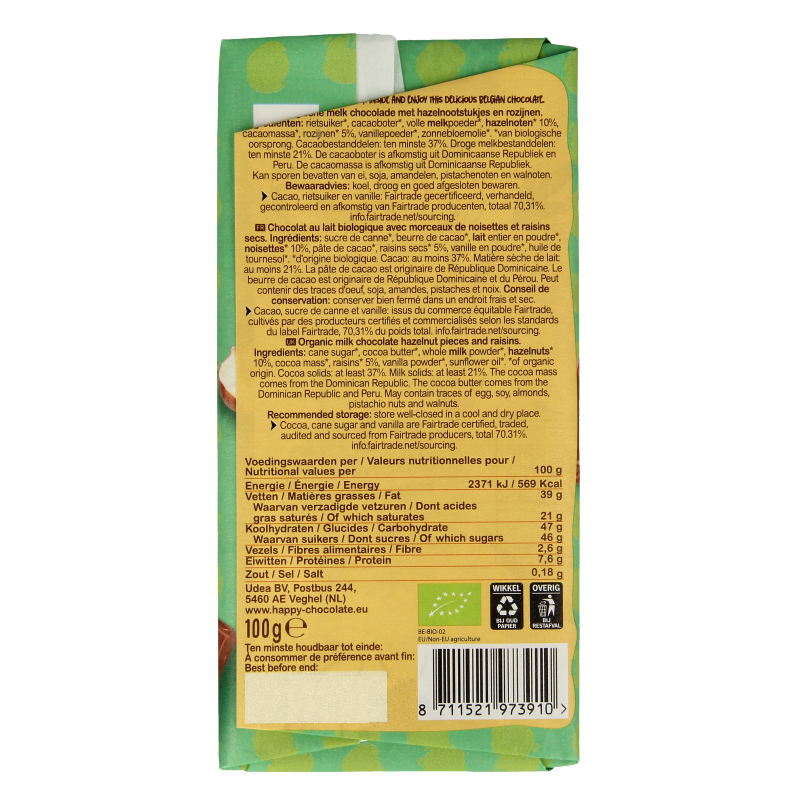 Happy Chocolate Melk geroosterde hazelnoot rozijn bio - Afbeelding 2