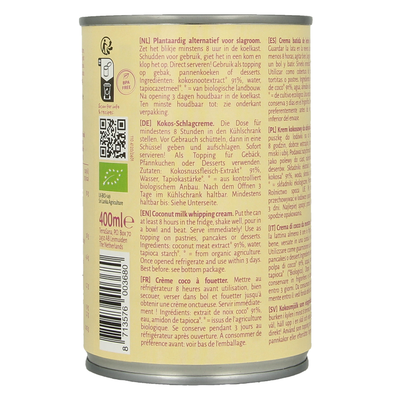 TerraSana Kokosmelk slagroom 30% vet bio - Afbeelding 3