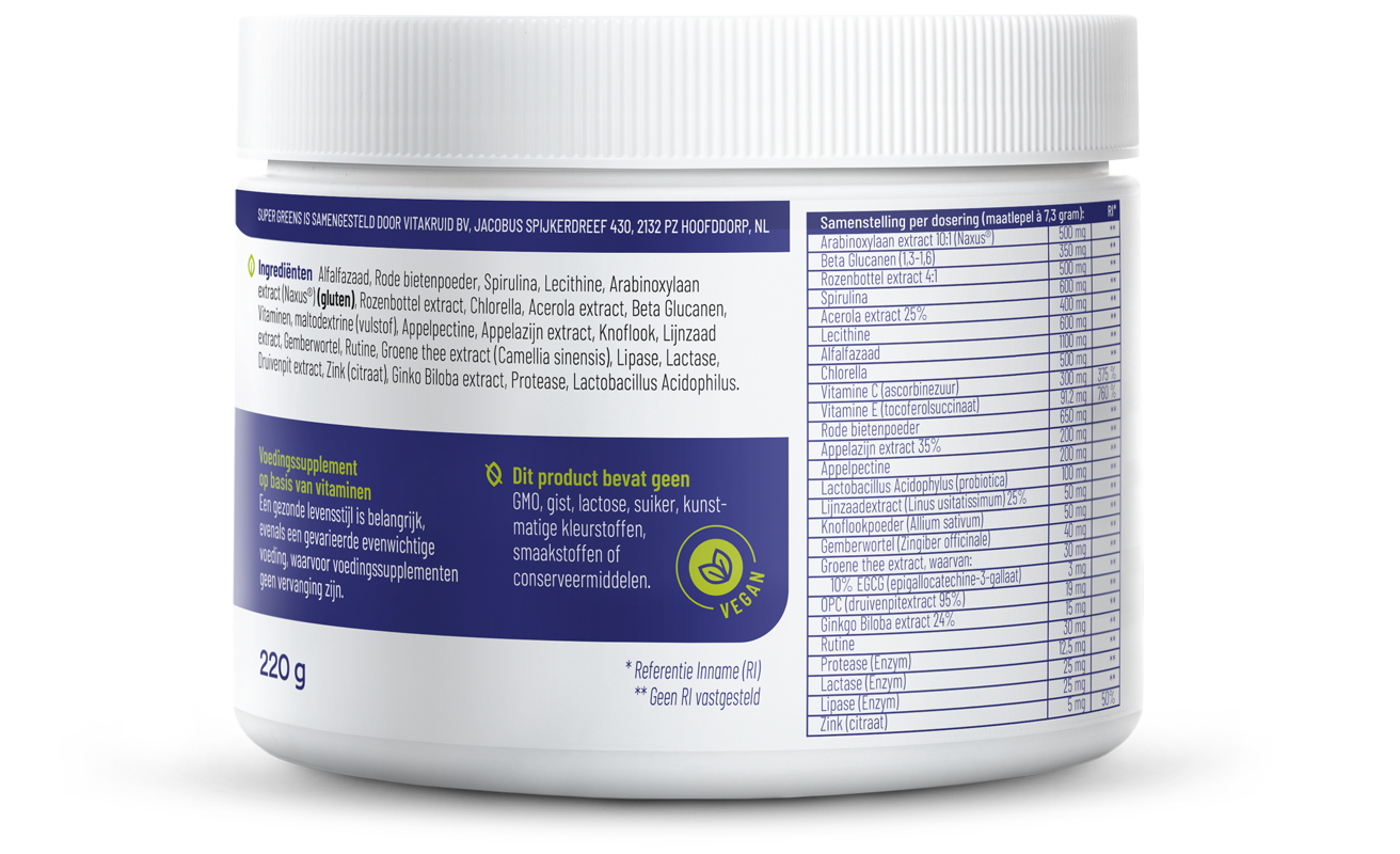 Vitakruid Super Greens 25 nutrienten oa probiotica & enzymen - Afbeelding 3