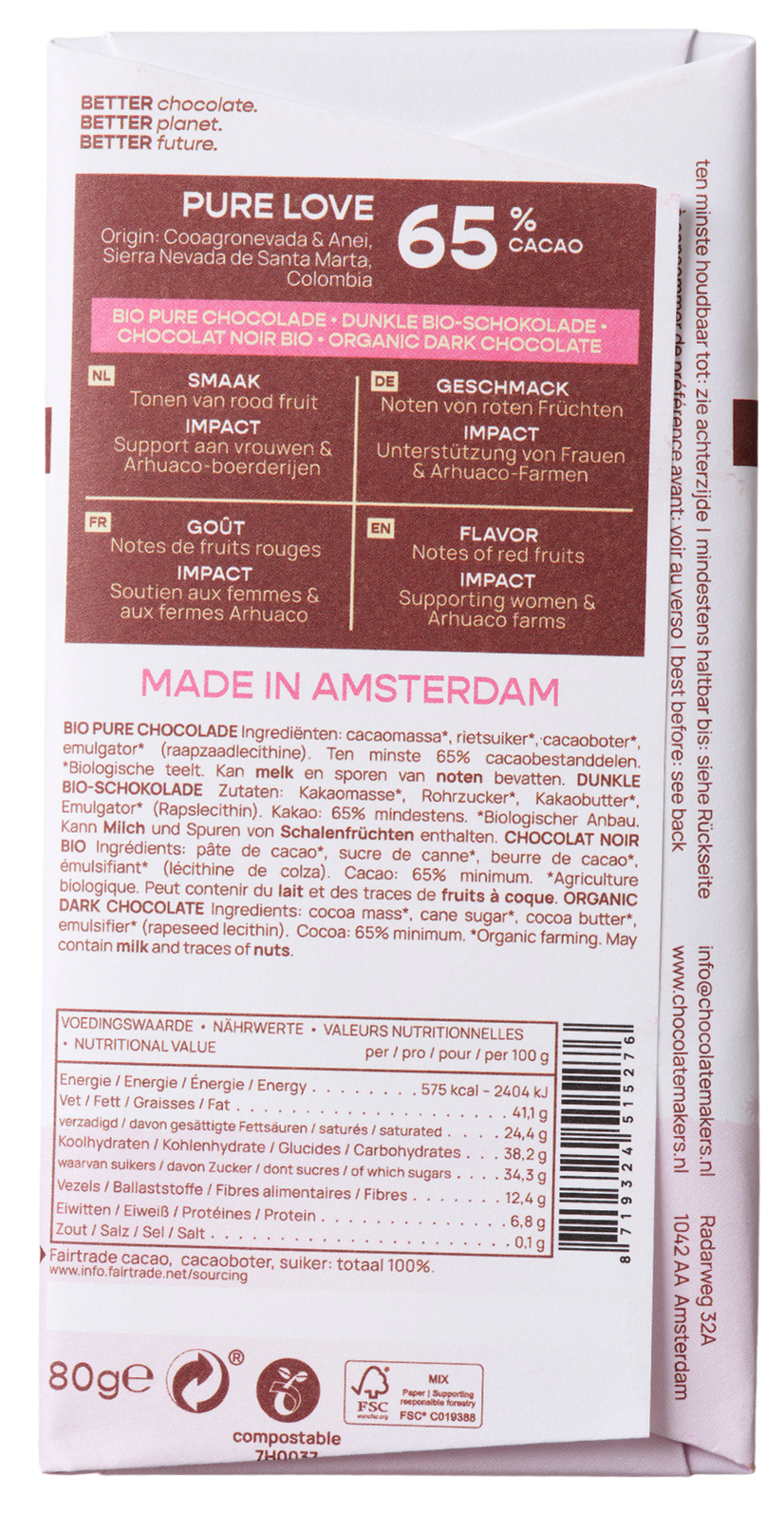 Chocolatemakers Pure love reep 65% puur fairtrade bio - Afbeelding 2