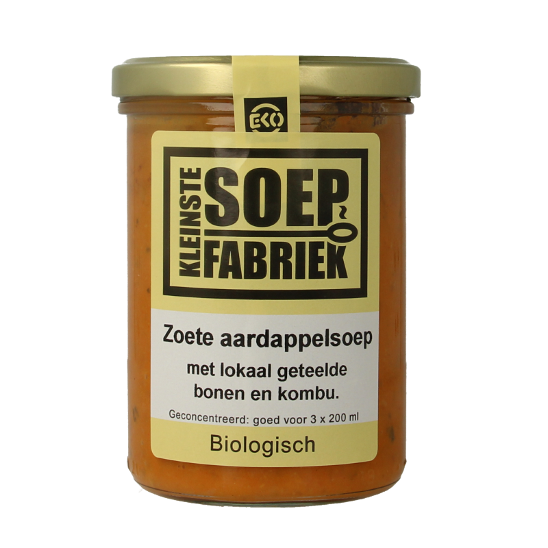 Kleinstesoepfabriek Zoete aardappelsoep met lokale bonen en kombu bio