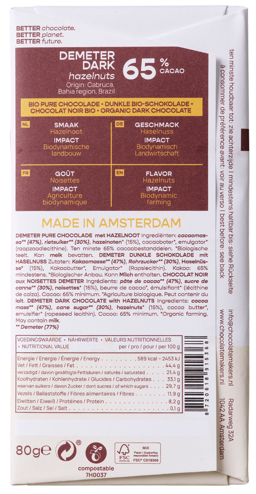 Chocolatemakers Brazil hazelnoot 65% puur demeter bio - Afbeelding 2