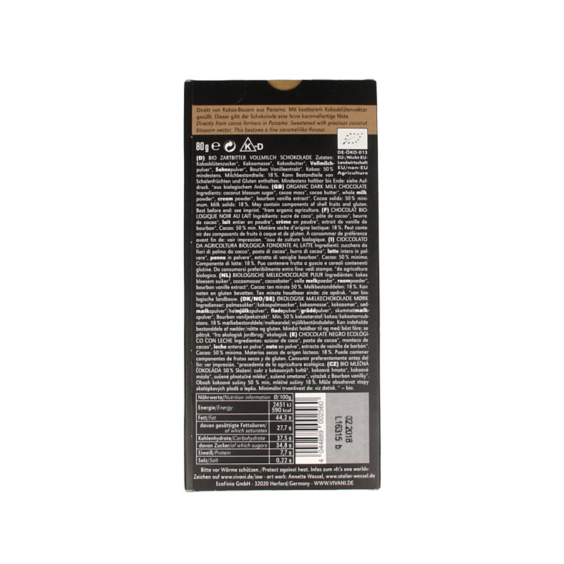Vivani Chocolade melk donker 50% kokosbloesemsuiker bio - Afbeelding 2