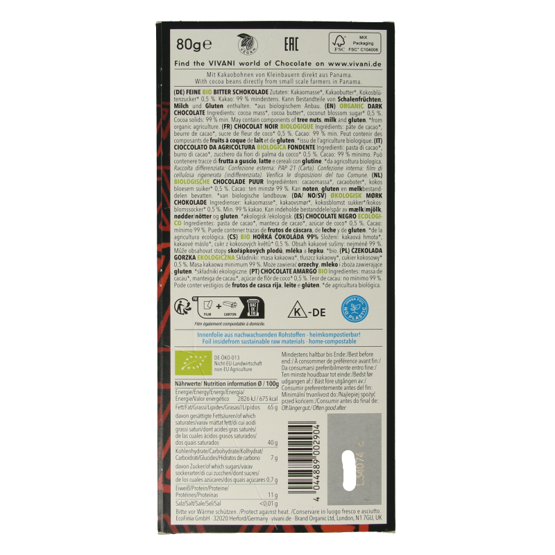 Vivani Chocolade puur 99% kokosbloesemsuiker bio - Afbeelding 2