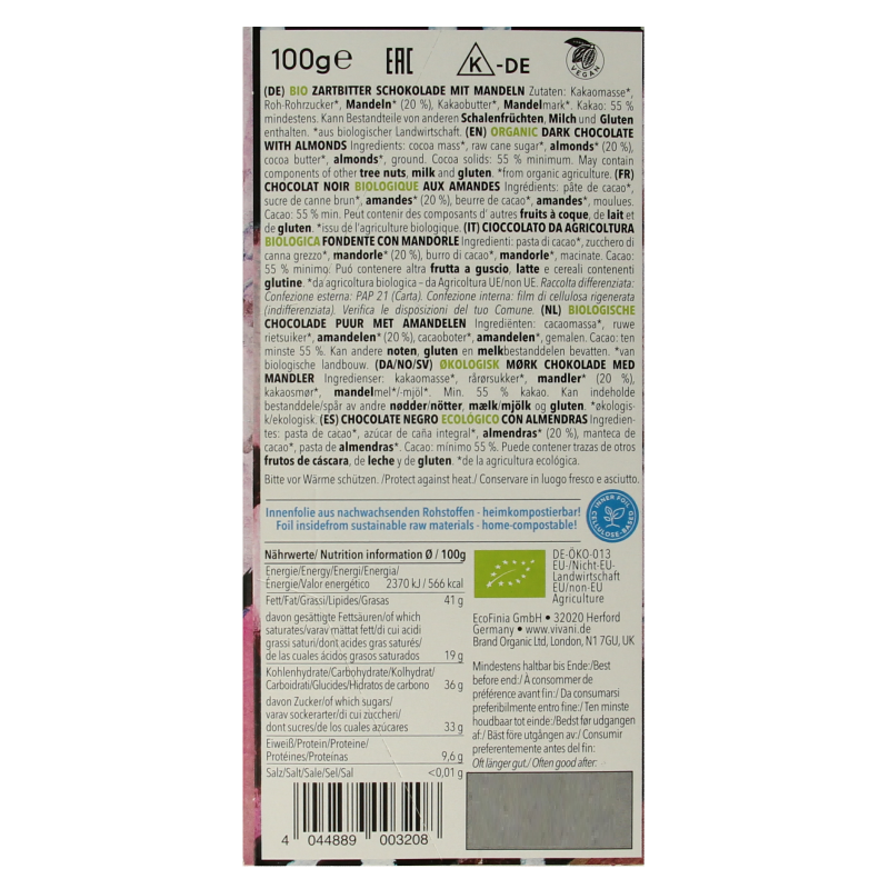 Vivani Chocolade puur met amandelen bio - Afbeelding 2