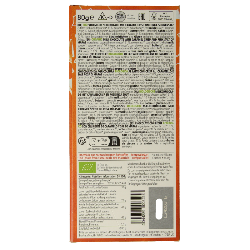 Vivani Chocolade melk car. zeezout kokosbloesemsuiker bio - Afbeelding 2