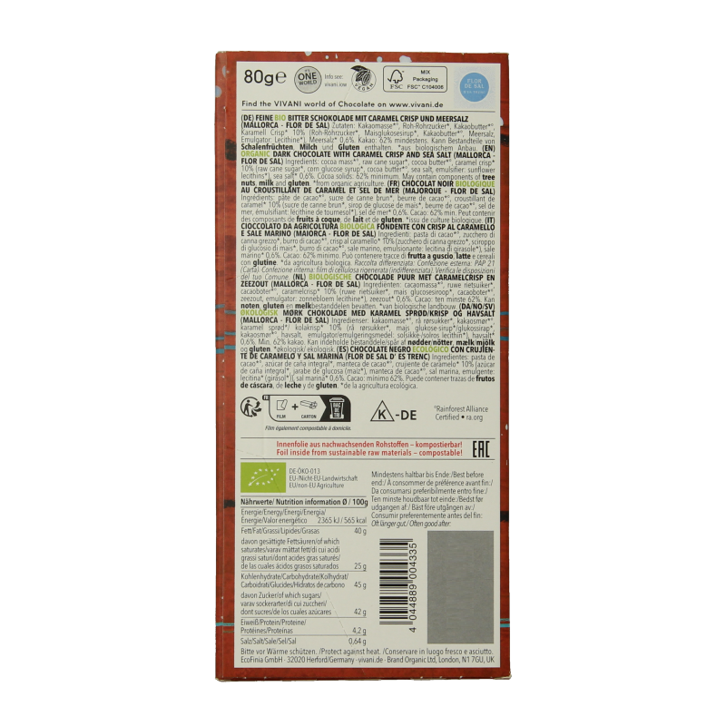 Vivani Chocolade puur caramel zeezout 62% bio - Afbeelding 2