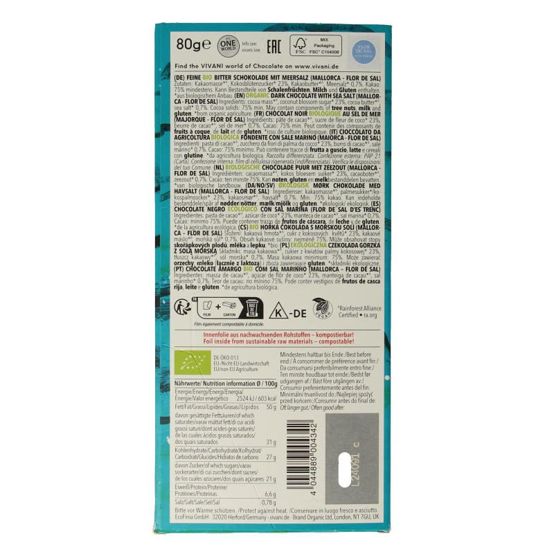 Vivani Chocolade puur zeezout 75% kokosbloesemsuiker bio - Afbeelding 2