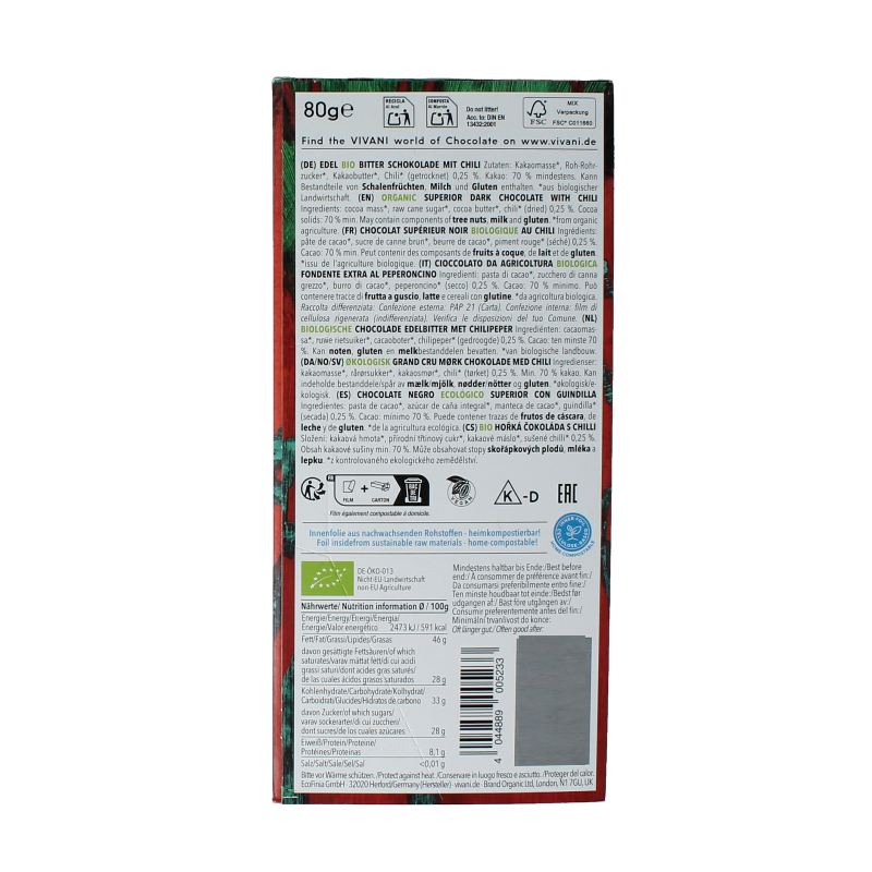 Vivani Chocolade puur chili 70% bio - Afbeelding 2