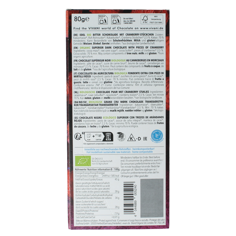 Vivani Chocolade puur cranberry 70% bio - Afbeelding 2