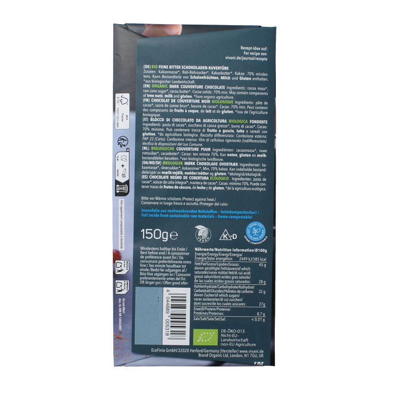 Vivani Couverture smeltchocolade puur bio - Afbeelding 2