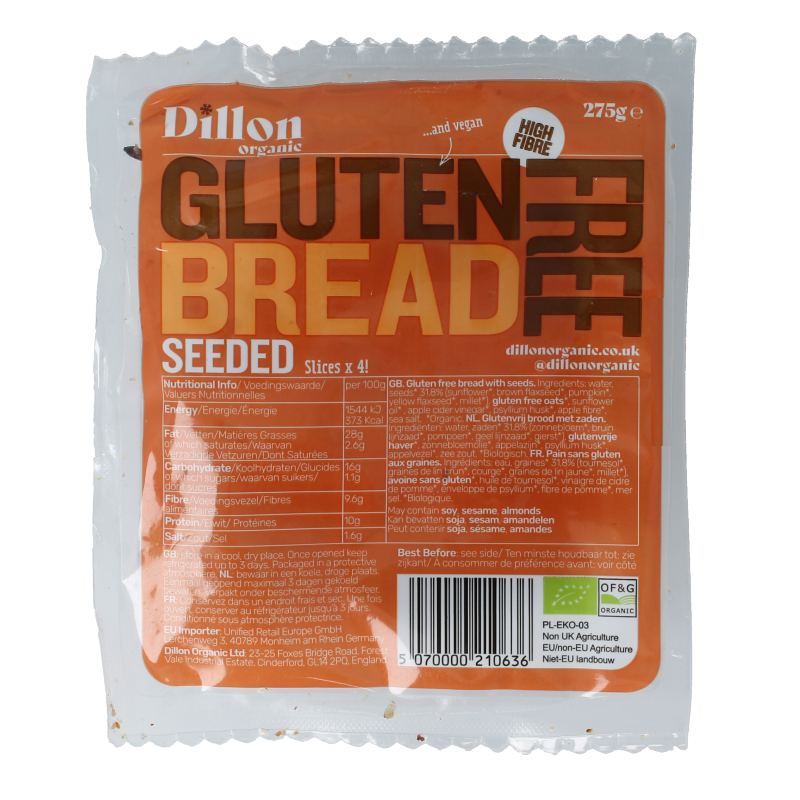 Dillon Organic Sliced bread seeded glutenvrij bio demeter
