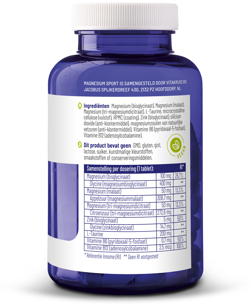 Vitakruid Magnesium sport bisglycinaat malaat&tri-dicitraat - Afbeelding 3