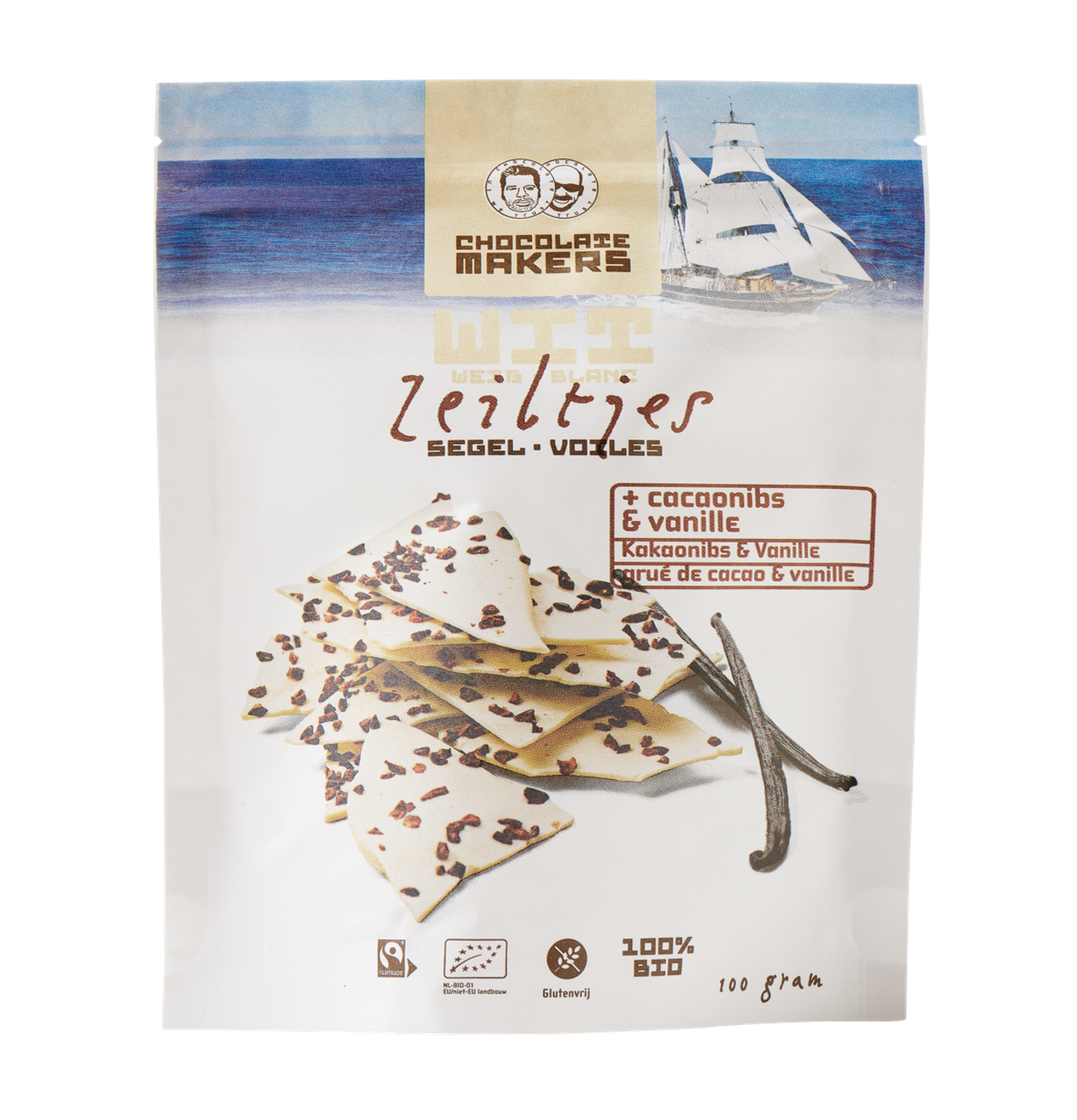 Chocolatemakers Zeiltjes wit met cacaonibs & vanille bio